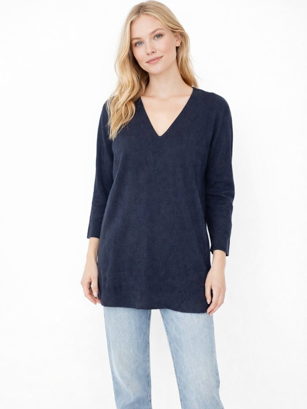 2/$30 H&M Basic Ribbed V-Neck Long Sleeve Tunic Top Black Small #A1854